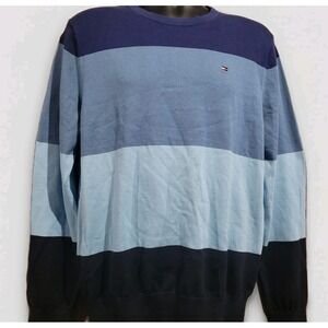 Tommy Hilfiger Men's Pullover Crew Neck Sweater Sz L Blue Colorblock 100% Cotton